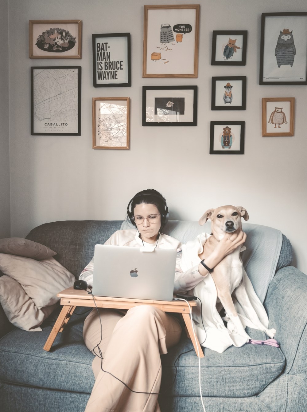 A person with headphones and a laptop on the sofa, a dog beside them