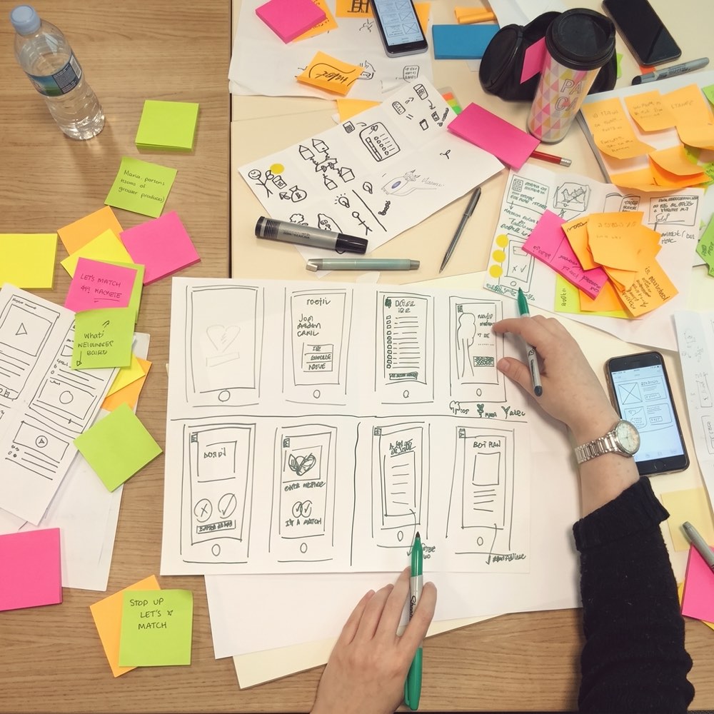 A table covered in sketches and sticky notes, two hands drawing screen layouts
